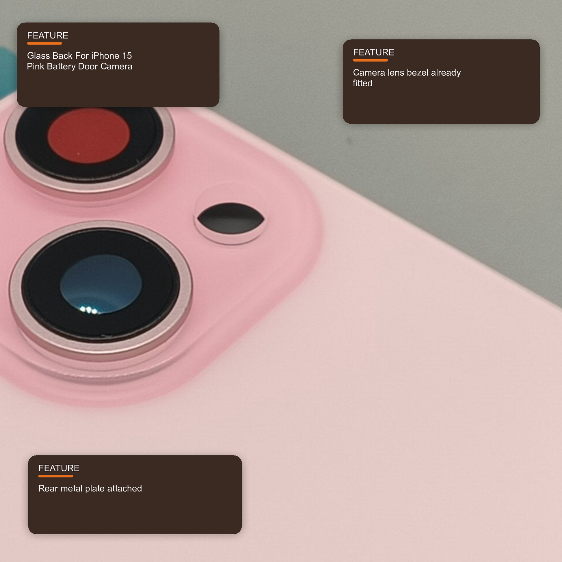 Glass Back For iPhone 15 Pink Battery Door Camera Lens Bezel Magnetism Ring + Metal Plate With Logo (OEM Used Pulled Part) Back Glass FoneFunShop