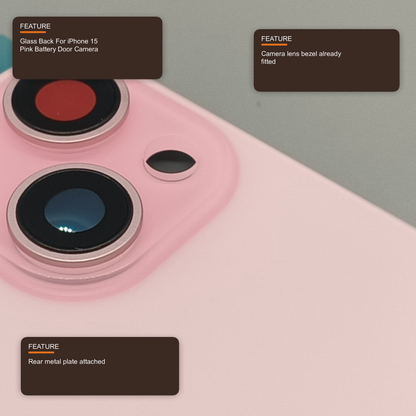 Glass Back For iPhone 15 Pink Battery Door Camera Lens Bezel Magnetism Ring + Metal Plate With Logo (OEM Used Pulled Part) Back Glass FoneFunShop