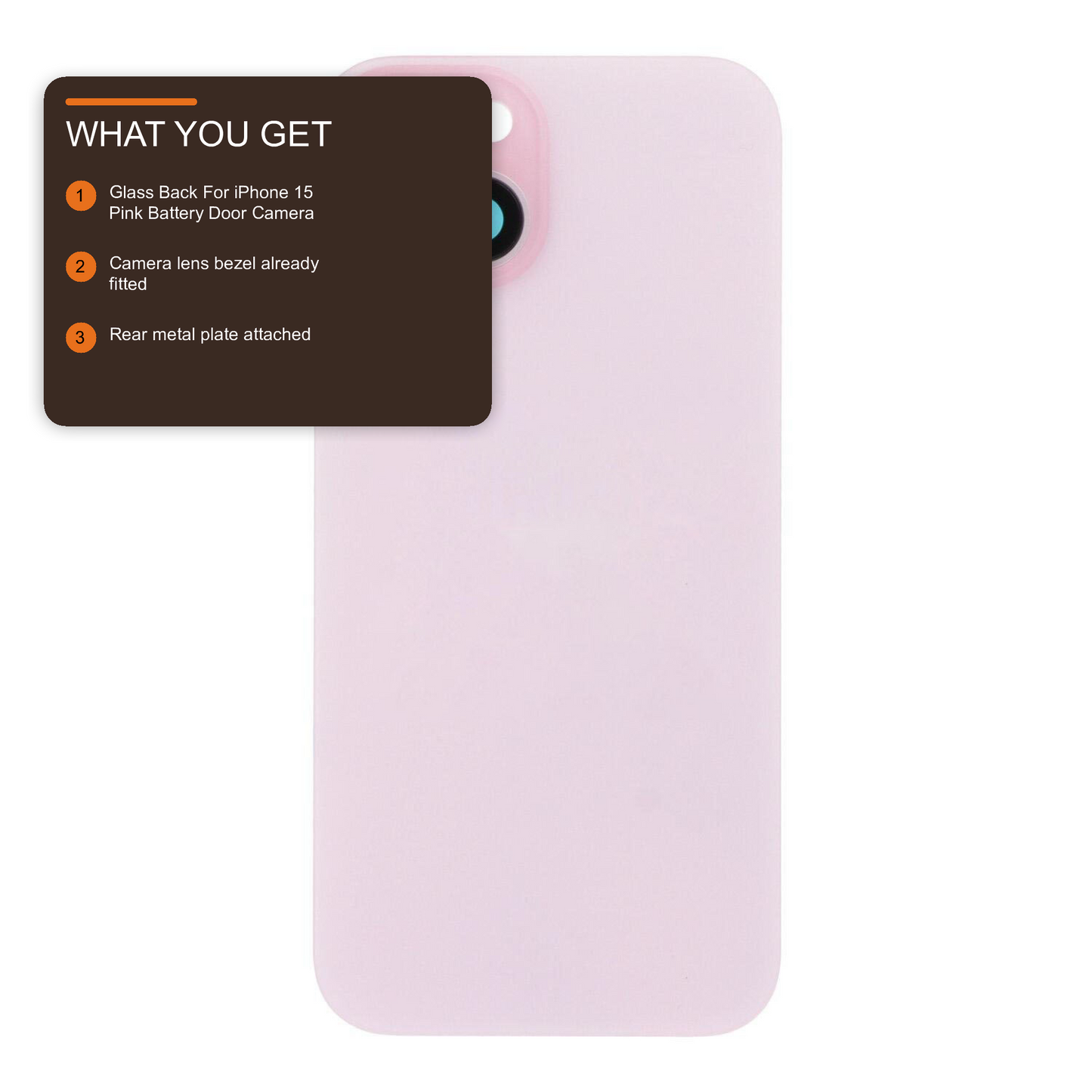 Glass Back For iPhone 15 Pink Battery Door Camera Lens Bezel Magnetism Ring + Metal Plate With Logo (OEM Used Pulled Part) Back Glass FoneFunShop