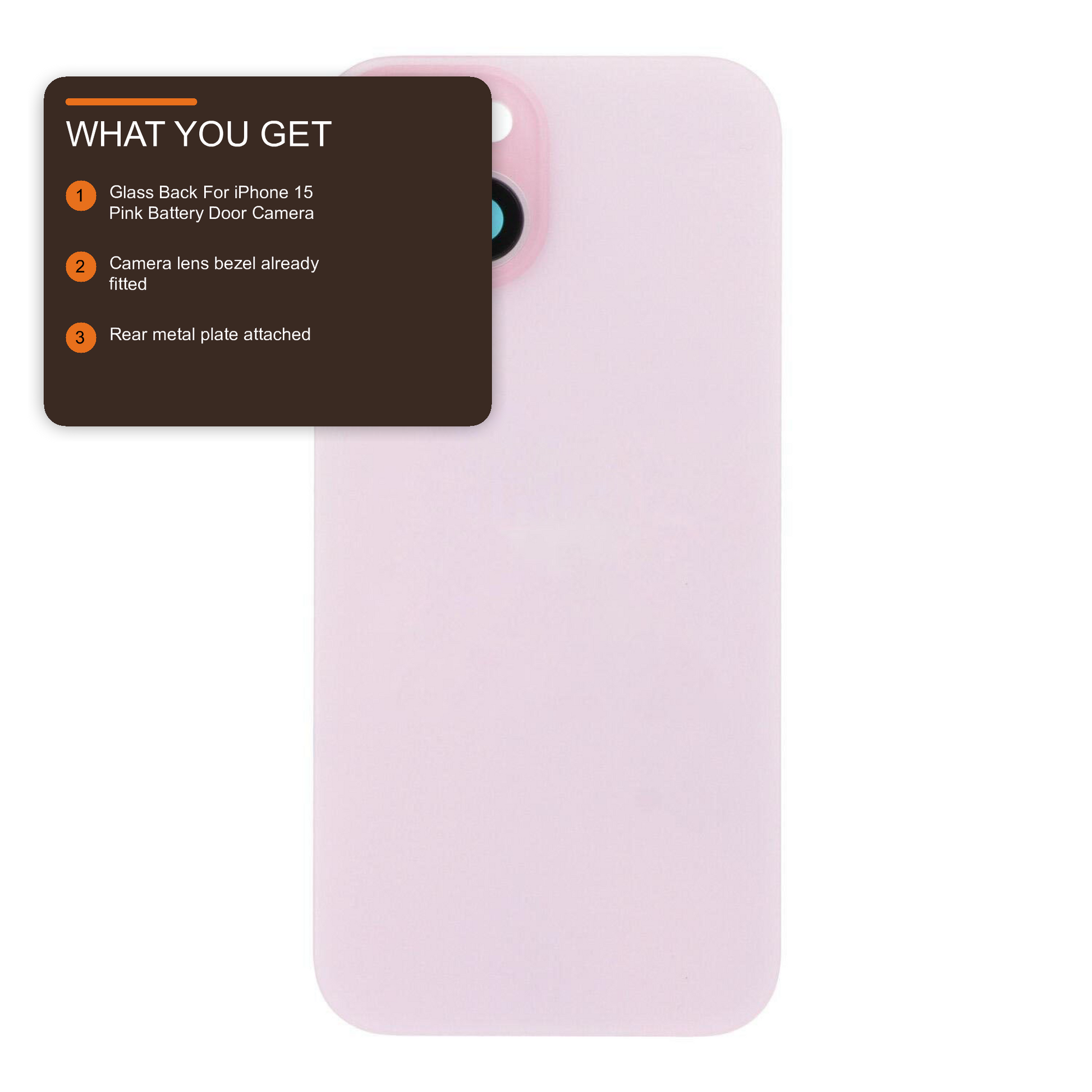 Glass Back For iPhone 15 Pink Battery Door Camera Lens Bezel Magnetism Ring + Metal Plate With Logo (OEM Used Pulled Part) Back Glass FoneFunShop