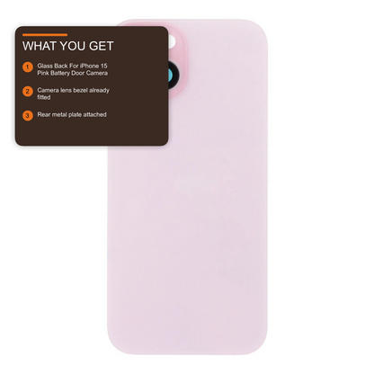 Glass Back For iPhone 15 Pink Battery Door Camera Lens Bezel Magnetism Ring + Metal Plate With Logo (OEM Used Pulled Part) Back Glass FoneFunShop