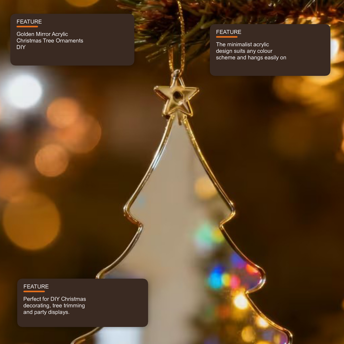 Golden Mirror Acrylic Christmas Tree Ornaments DIY Hanging Decorations - 20PCS Christmas FoneFunShop