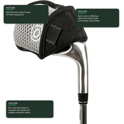 Golf Club Iron Head Covers 10 Piece Headcover Protector Grey with Black Golf Accessorise FoneFunShop