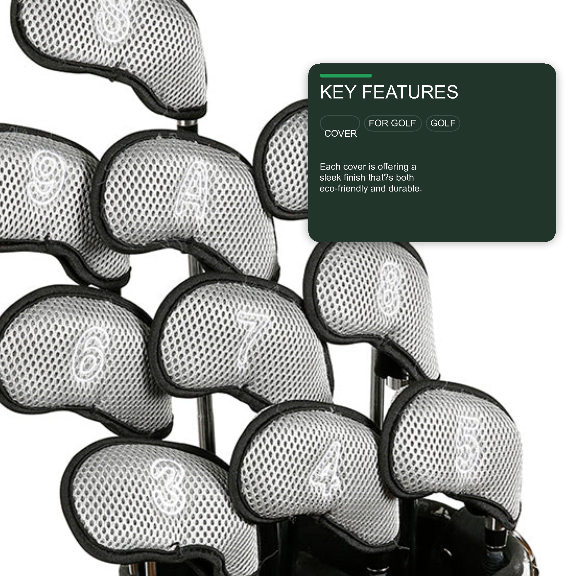Golf Club Iron Head Covers 10 Piece Headcover Protector Grey with Black Golf Accessorise FoneFunShop