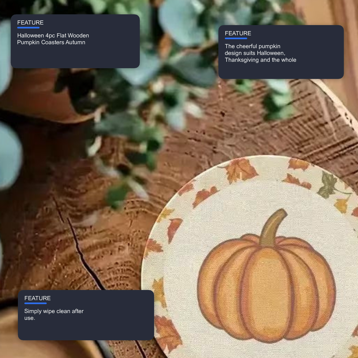 Halloween 4pc Flat Wooden Pumpkin Coasters Autumn Thanksgiving Decor Halloween Decoration FoneFunShop