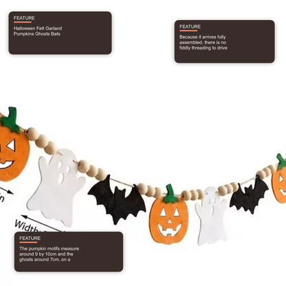 Halloween Felt Garland Pumpkins Ghosts Bats Pom-Poms Pre-Assembled Halloween Decoration FoneFunShop