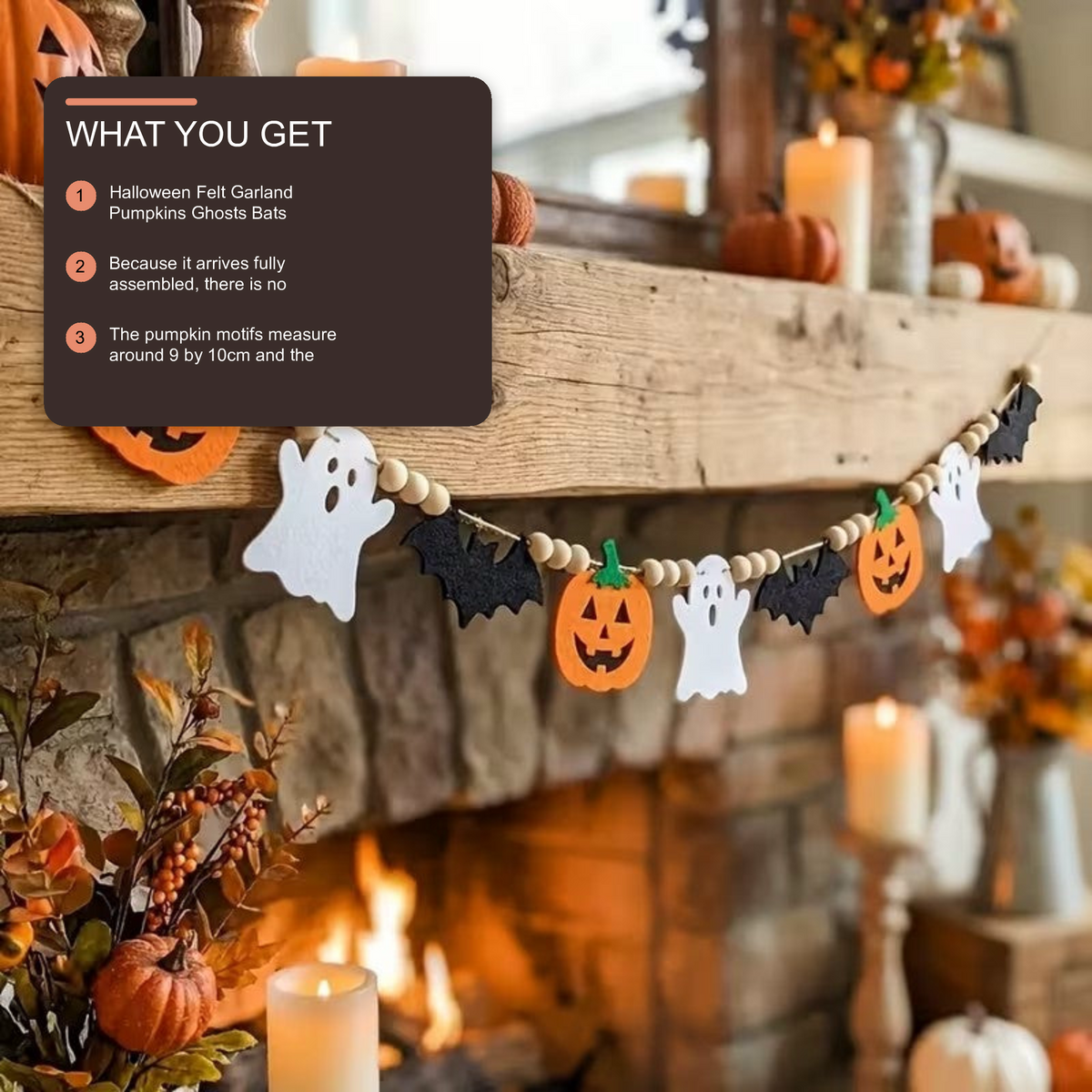 Halloween Felt Garland Pumpkins Ghosts Bats Pom-Poms Pre-Assembled Halloween Decoration FoneFunShop