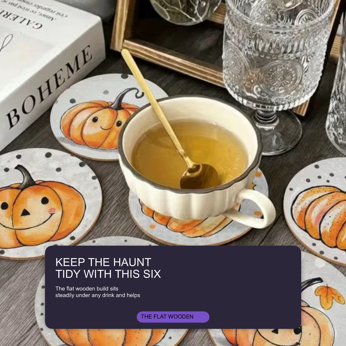 Halloween Hello Autumn 6pc Wooden Coaster Set for Mugs Tumblers Fall Home Decor Halloween Decoration FoneFunShop