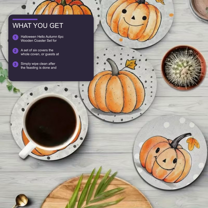 Halloween Hello Autumn 6pc Wooden Coaster Set for Mugs Tumblers Fall Home Decor Halloween Decoration FoneFunShop