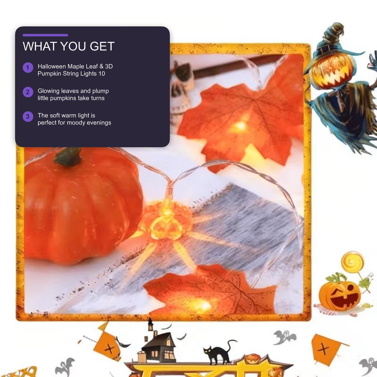 Halloween Maple Leaf & 3D Pumpkin String Lights 10 LED Fall Halloween Decoration FoneFunShop