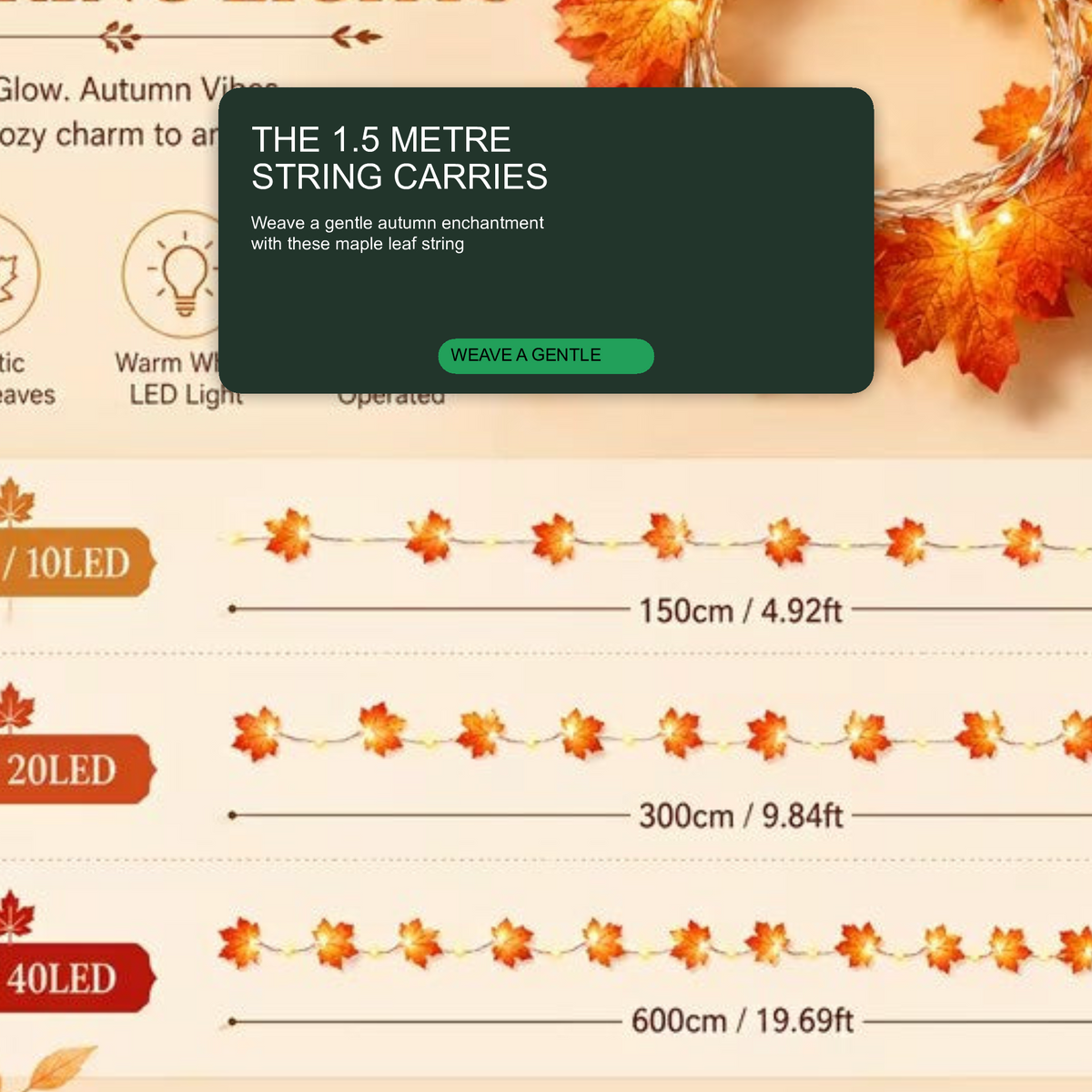 Halloween Maple Leaf String Lights 1.5m 10 LED Warm White Halloween Decoration FoneFunShop