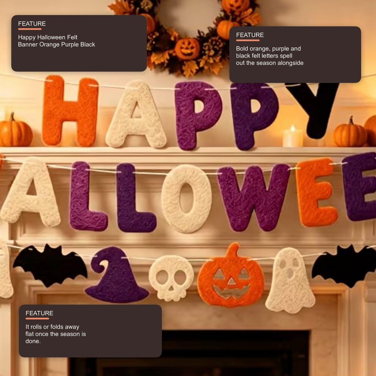 Happy Halloween Felt Banner Orange Purple Black Pumpkin Witch Skull Decor Halloween Decoration FoneFunShop
