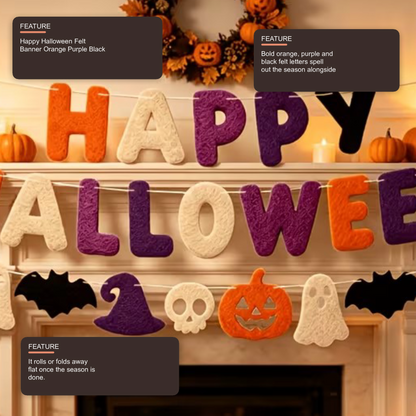 Happy Halloween Felt Banner Orange Purple Black Pumpkin Witch Skull Decor Halloween Decoration FoneFunShop
