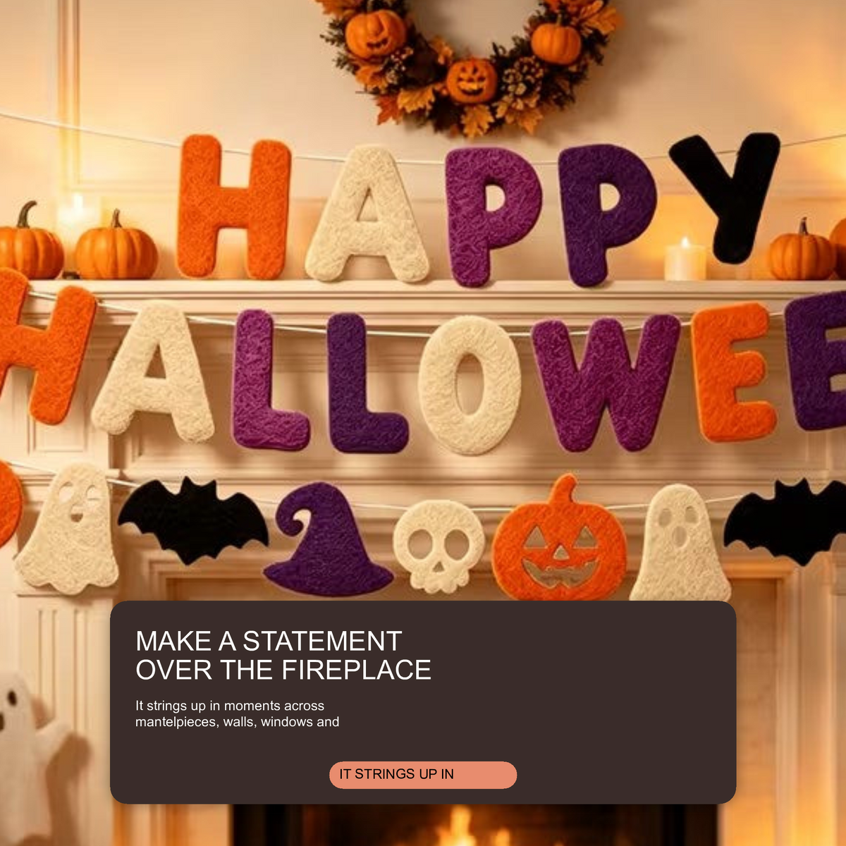 Happy Halloween Felt Banner Orange Purple Black Pumpkin Witch Skull Decor Halloween Decoration FoneFunShop