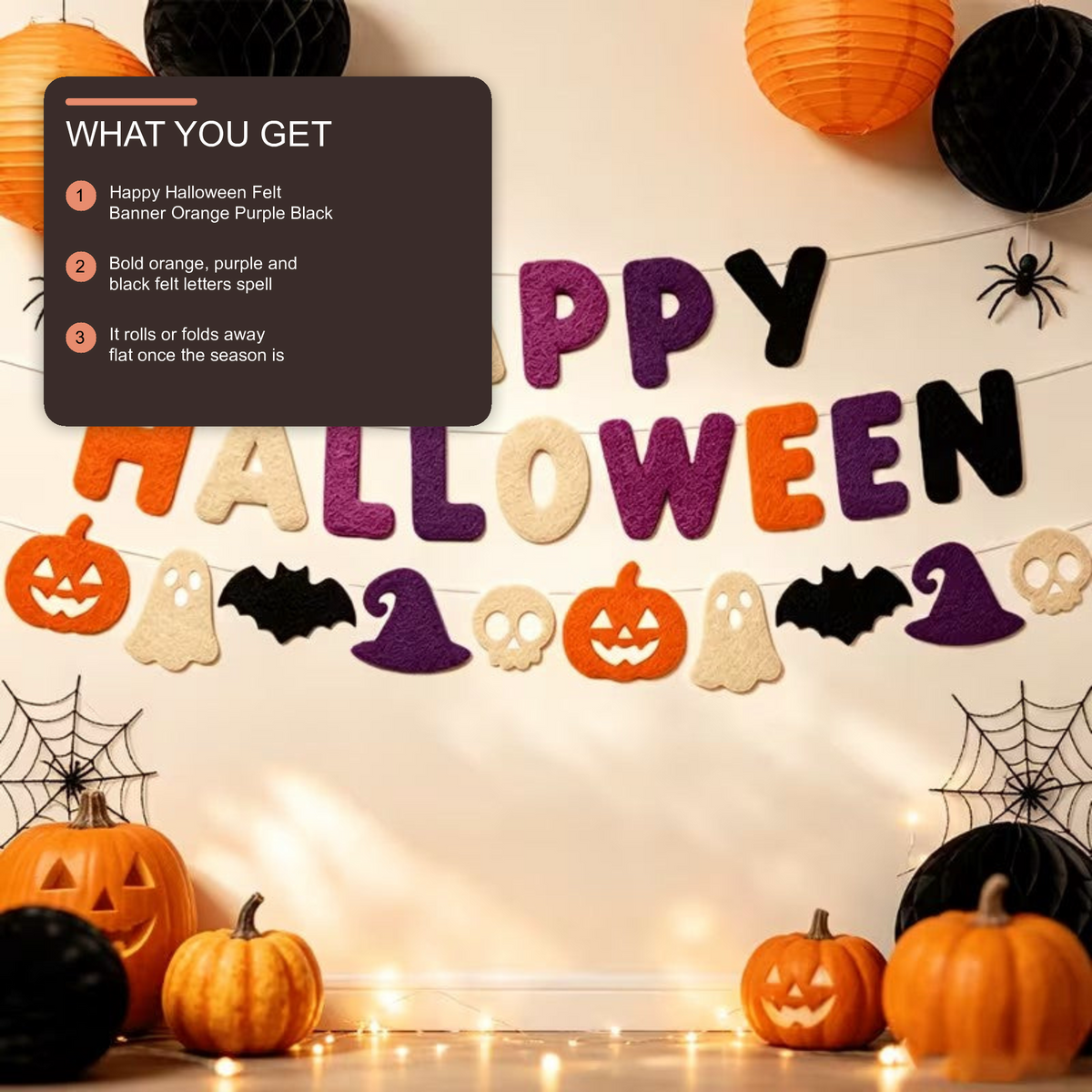 Happy Halloween Felt Banner Orange Purple Black Pumpkin Witch Skull Decor Halloween Decoration FoneFunShop