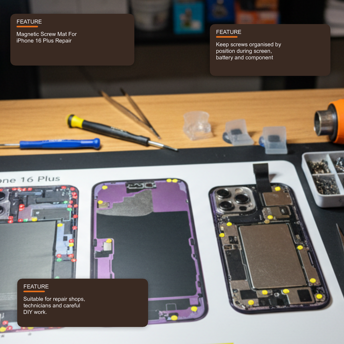 Magnetic Screw Mat For iPhone 16 Plus Repair Disassembly Guide Repair Tools FoneFunShop