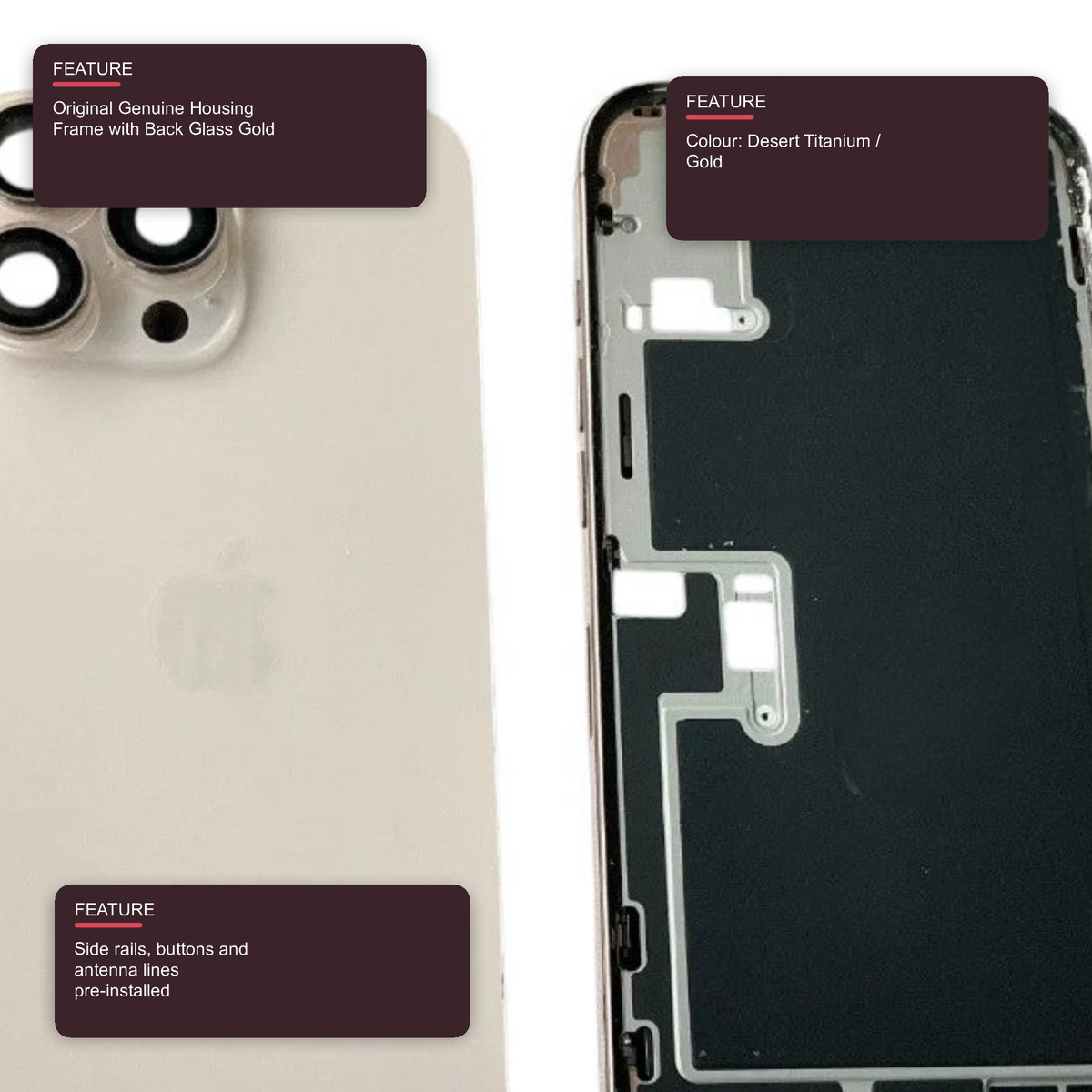 Original Genuine Housing Frame with Back Glass Gold Grade A for iPhone 16 Pro Max (Used OEM) Housing FoneFunShop