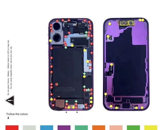 A technical color-matching reference sheet showing two views of a smartphone case frame: the left with a black phone inside and the right with a purple phone inside. Small colored dots indicate target color points, and a row of color swatches appears along the bottom.
