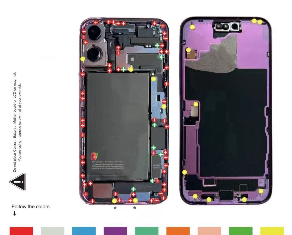 A product diagram showing two views of an iPhone 16 Plus magnetic screw mat by Kaigexin. The left view shows the back of the phone with red LED lights illuminating the screw points, and the right view shows the purple magnetic adhesive pad on the inside of the phone frame.