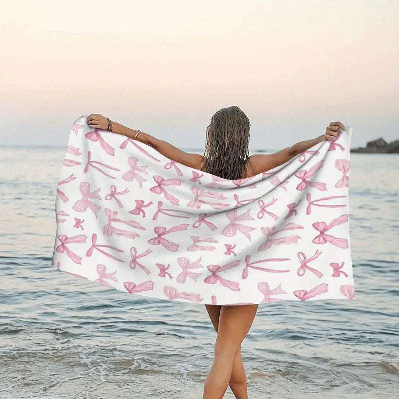 Pink Bow Beach Towel Large 150cm X 75cm for Beach Holiday Gym Picnic Big Bath Towel Blanket Quick-Dry Microfiber Absorbent Towel FoneFunShop