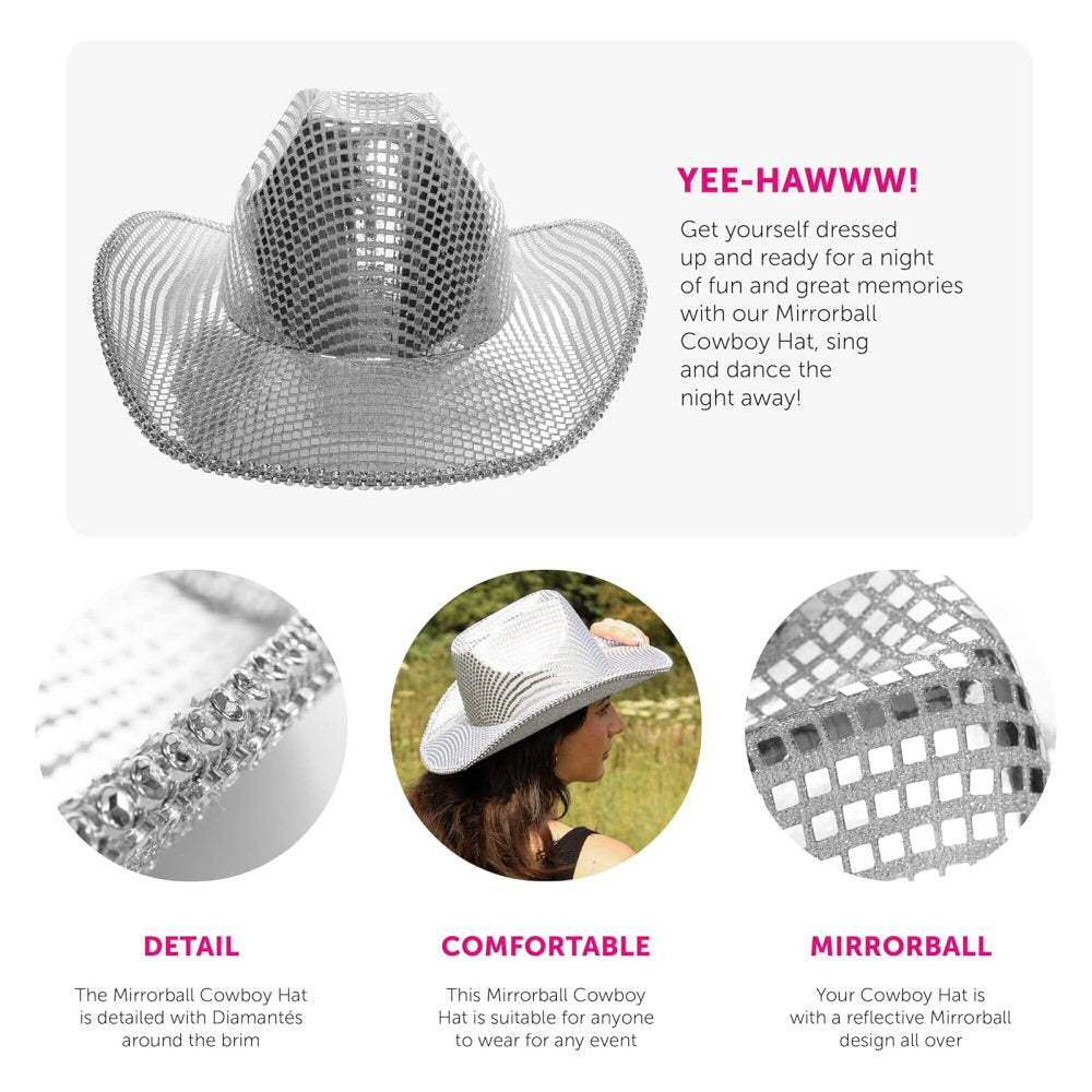 Mirrored Cowboy Hat - Silver Cowgirl Hat with Lightweight Reflective Mirror Ball Effect - One Size Fits Most Cowboy Hat FoneFunShop
