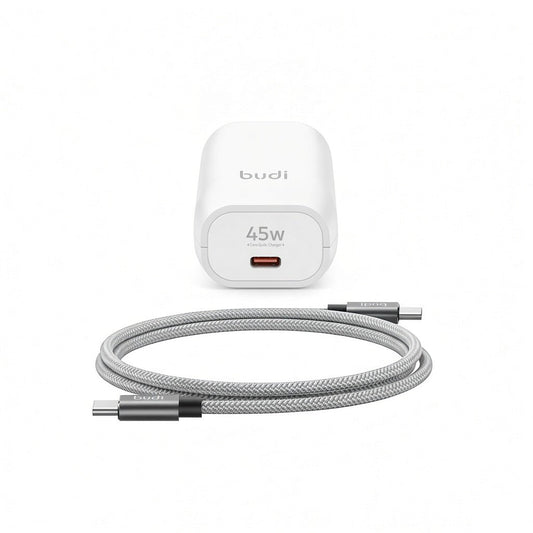 Budi 45W GaN USB-C Wall Charger UK Plug with 1M USB-C Cable Wall Charger FoneFunShop