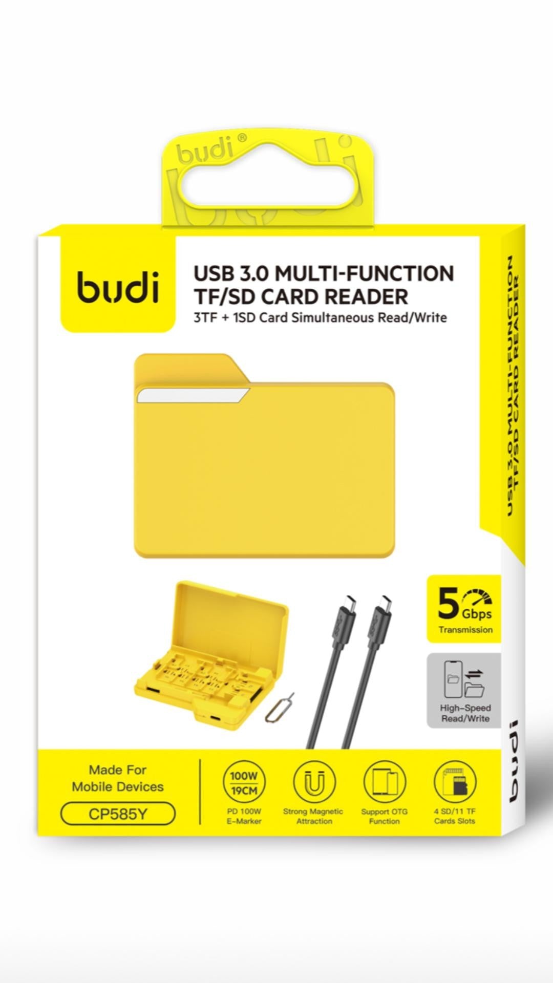 Budi USB-C Card Reader 3 x TF 1 x SD 5Gbps with 100W Cable Yellow Card Reader FoneFunShop