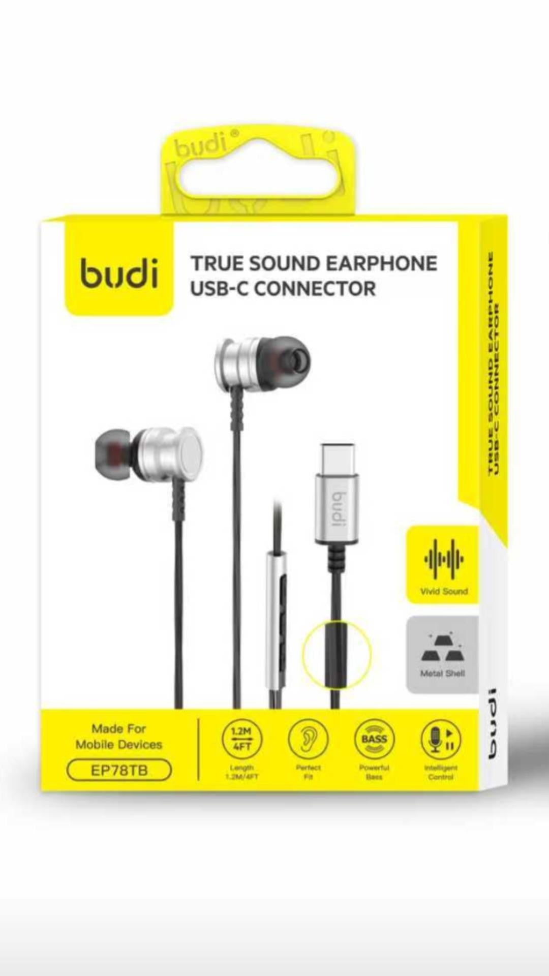 Budi EP78TB USB-C Metal Earphones True Sound with Mic 1.2M Earphones FoneFunShop