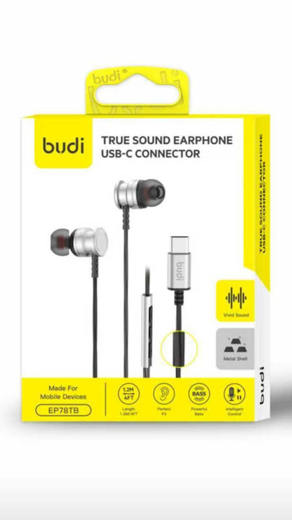 Budi EP78TB USB-C Metal Earphones True Sound with Mic 1.2M Earphones FoneFunShop