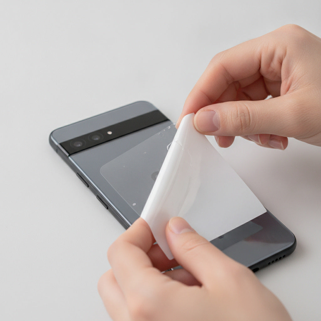 Applying a hydrogel back protector film to the back of a Google Pixel phone - back of phone