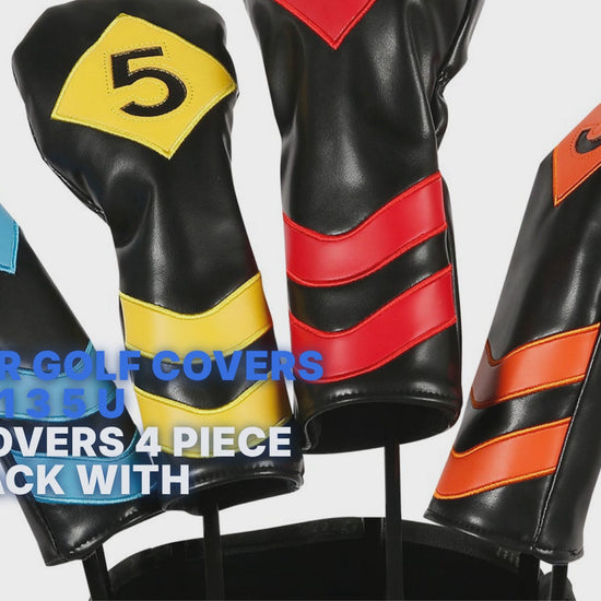 Leather Golf Covers Driver 1 3 5 U Headcovers 4 Piece Set Black with Multicoloured Golf Accessorise FoneFunShop