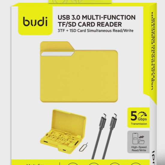 Budi USB-C Card Reader 3 x TF 1 x SD 5Gbps with 100W Cable Yellow Card Reader FoneFunShop