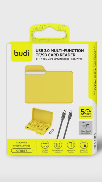 Budi USB-C Card Reader 3 x TF 1 x SD 5Gbps with 100W Cable Yellow Card Reader FoneFunShop