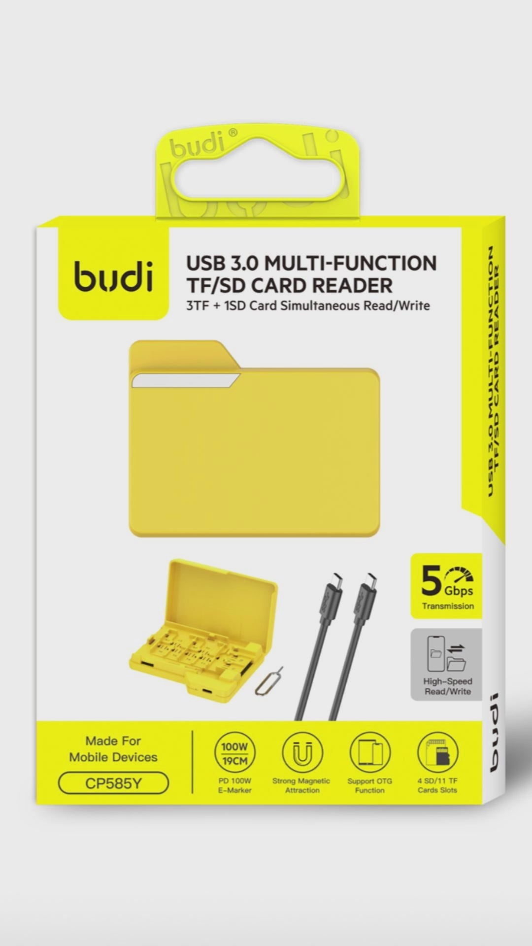 Budi USB-C Card Reader 3 x TF 1 x SD 5Gbps with 100W Cable Yellow Card Reader FoneFunShop