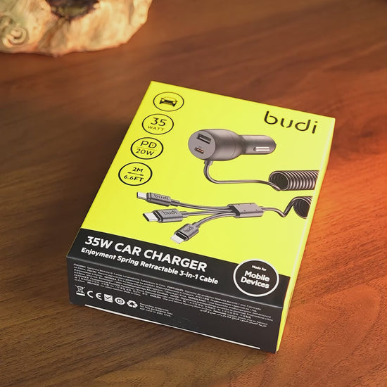 Budi 35W Car Charger with Spring Retractable 3 in 1 Cable PD 20W Car Charger FoneFunShop