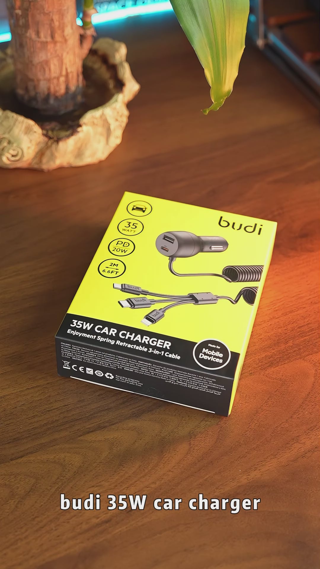 Budi 35W Car Charger with Spring Retractable 3 in 1 Cable PD 20W Car Charger FoneFunShop