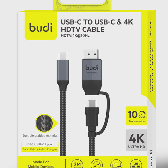 Budi USB-C to USB-C and 4K HDMI Cable 2M Braided 10Gbps 65W Charging Cable FoneFunShop