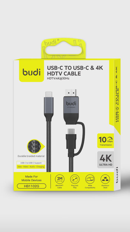 Budi USB-C to USB-C and 4K HDMI Cable 2M Braided 10Gbps 65W Charging Cable FoneFunShop