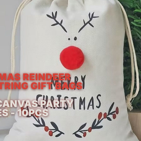 Christmas Reindeer Drawstring Gift Bags 3D Treat Canvas Party Pouches - Pack of 5 Christmas FoneFunShop