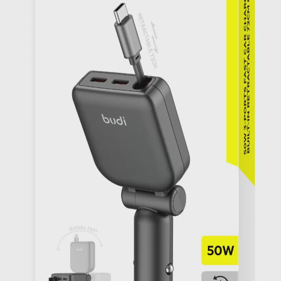 Budi 50W 3-Port Car Charger with 72cm Retractable USB-C Cable Car Charger FoneFunShop