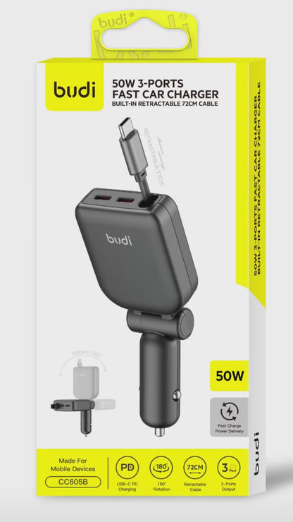 Budi 50W 3-Port Car Charger with 72cm Retractable USB-C Cable Car Charger FoneFunShop