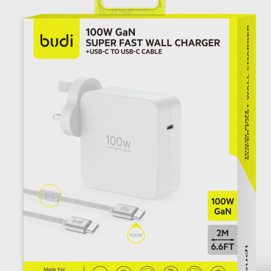Budi 100W GaN USB-C Wall Charger UK Plug with 2M USB-C Cable Wall Charger FoneFunShop