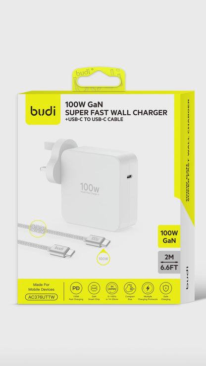 Budi 100W GaN USB-C Wall Charger UK Plug with 2M USB-C Cable Wall Charger FoneFunShop