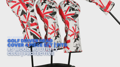 Golf Driver Head Cover 4 Piece Set | Fits #1 Driver, #3 Wood, #5 Wood, #U Utility Club | Protective Headcovers British Flag Union Jack Red Golf Accessorise FoneFunShop