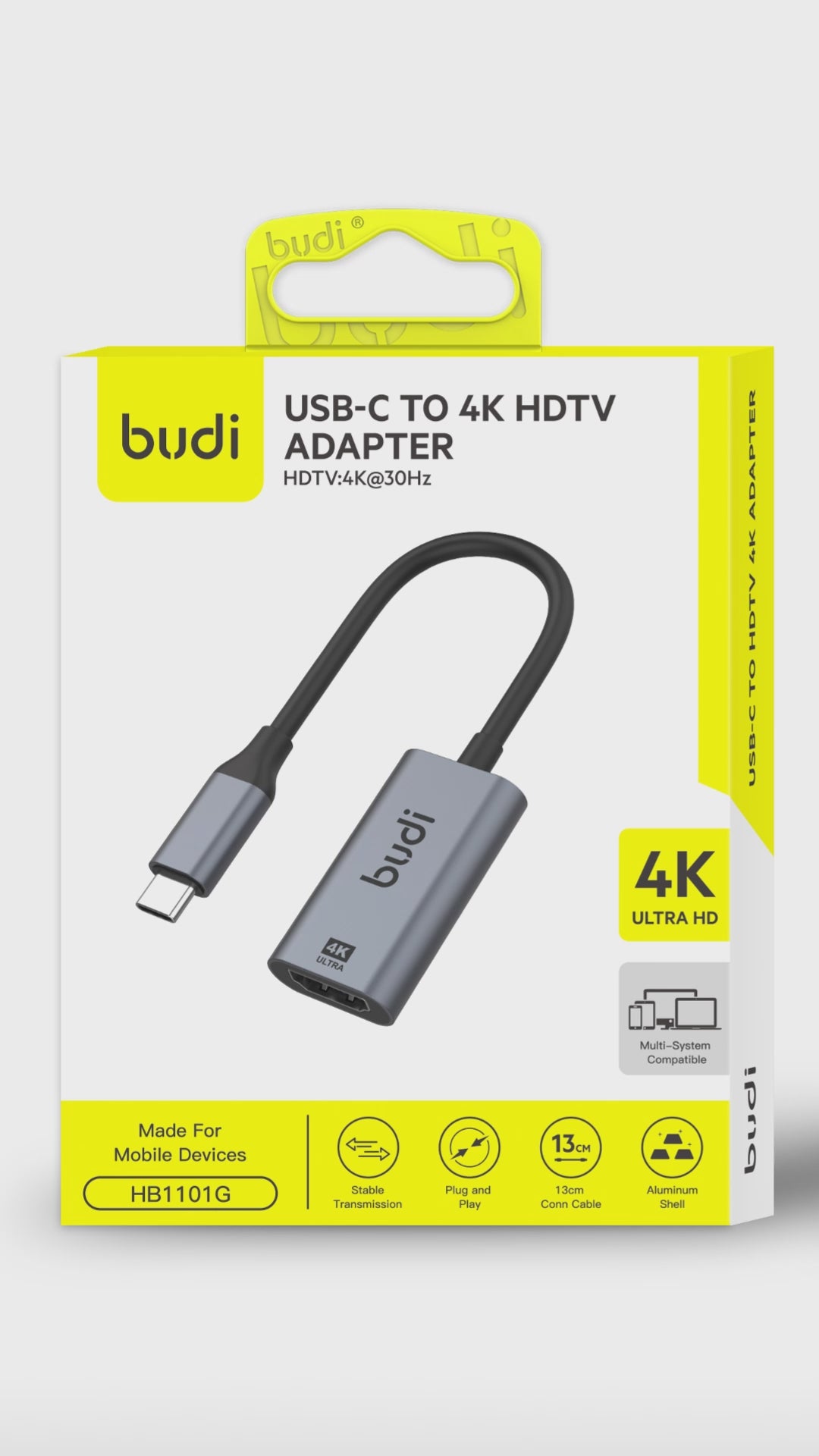 Budi USB-C to HDMI Adapter 4K 30Hz Aluminium Plug and Play Grey Adapter FoneFunShop