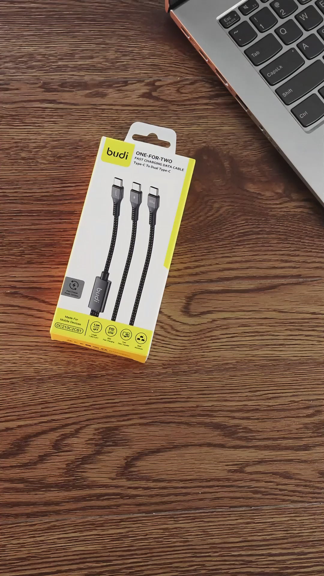 Budi 1.2M PD65W Super Fast Charge Cable Type C to Dual Type C Power Delivery Cable FoneFunShop