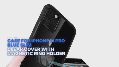 Case For iPhone 11 Pro Blue Slim Clear Cover With Magnetic Ring Holder Stand Case Cover FoneFunShop