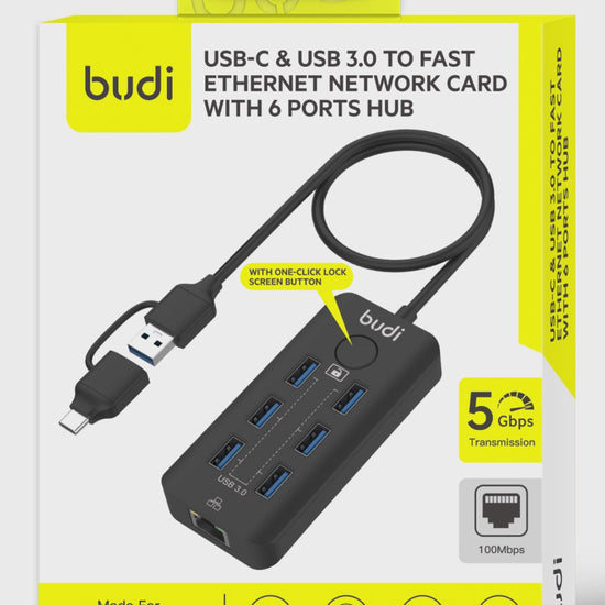 Budi 6-Port USB 3 Hub with Ethernet and Lock Button USB-C and USB-A USB Hub FoneFunShop