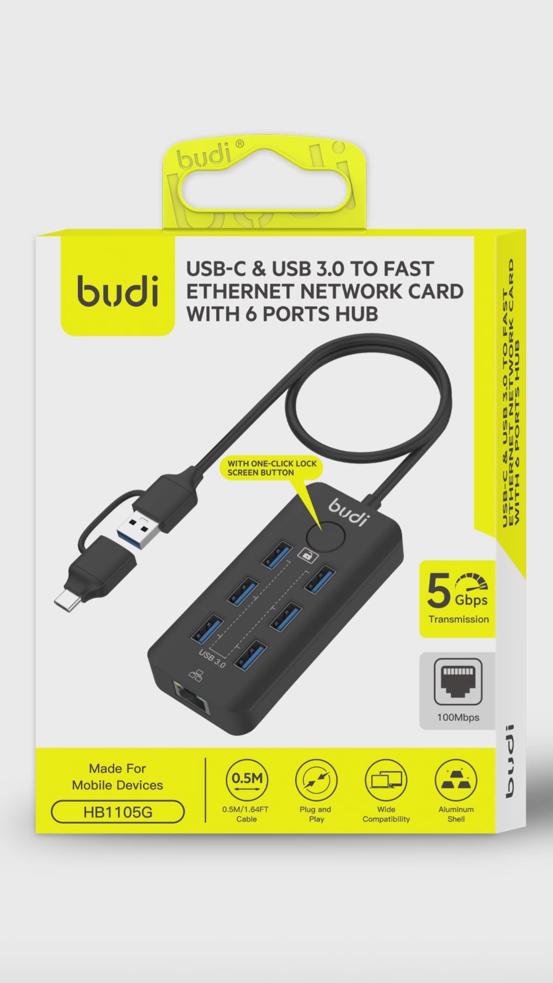 Budi 6-Port USB 3 Hub with Ethernet and Lock Button USB-C and USB-A USB Hub FoneFunShop