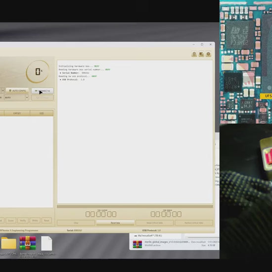 MiPiTester Ultra with ICFriend ISP adapter reading a UFS phone via ISP pinouts